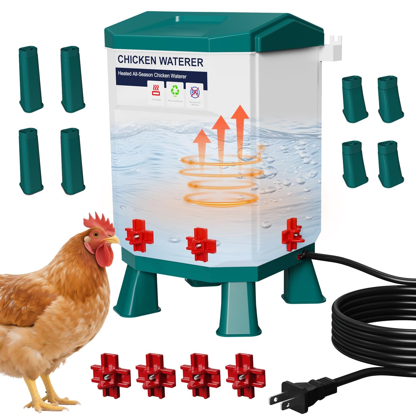 Nexum Heated Chicken Waterer - 2 Gallon Winter-Proof Poultry Drinker with Nipples and Stand, Auto Thermostat for Chickens, Ducks & Quail - Freeze-Resistant, Easy Fill (Blue, 2 Gallon)