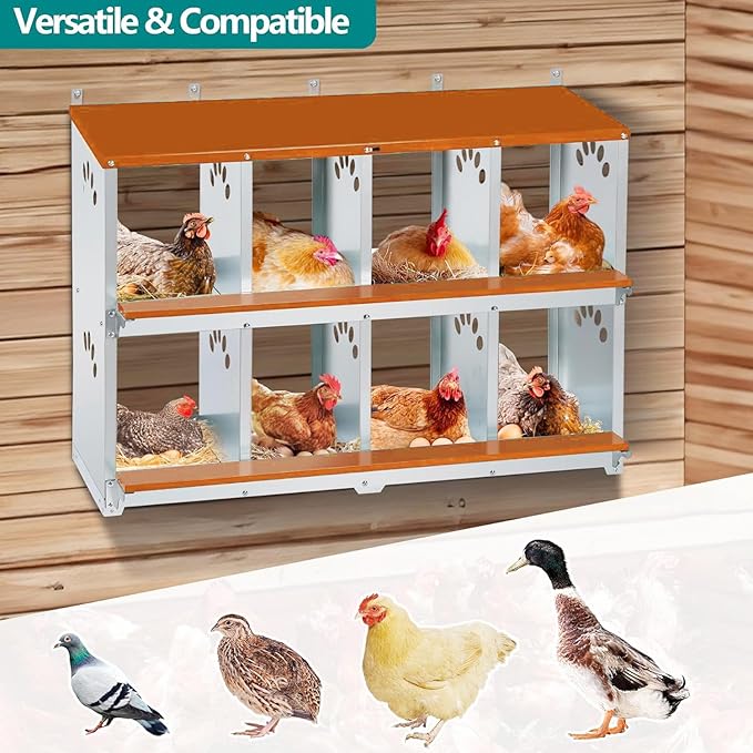 8 Compartment Chicken Nesting Box, Metal Nesting Boxes for Chicken, Indoor & Outdoor Use, Wall Mountable Laying Boxes for Hens, 42.5" L x 13.0" W x 25.0" H, Orange