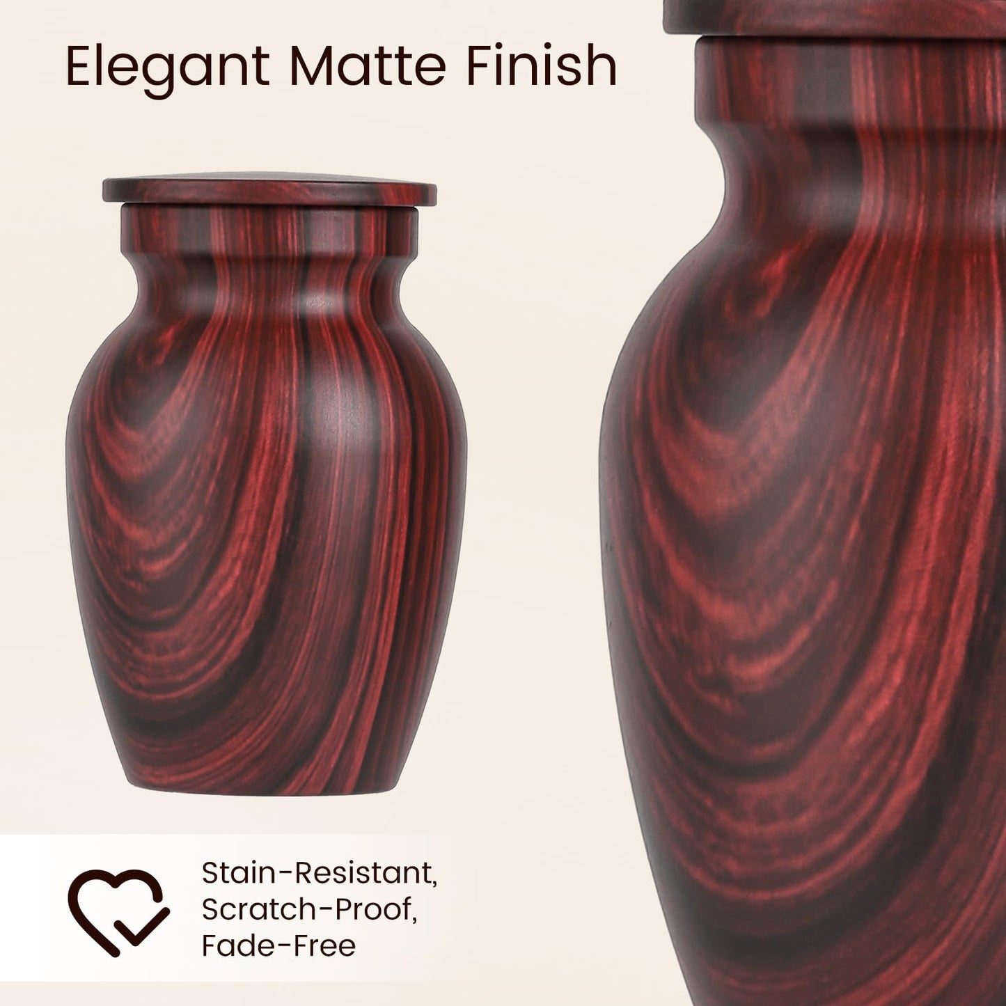 Small Urns for Human Ashes, Red Rosewood Grain Finish Metal Keepsake Mini Urn Set of 4, Handcrafted Sharing Memorial Decorative Urn - Recycled Cast Aluminum