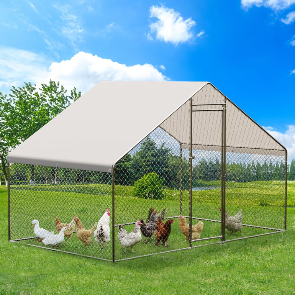 GarveeLife Large Metal Chicken Coop, Large Chicken Run with Waterproof & Anti-UV Cover, Outdoor Chicken Pen for Farm Yard (9.8' L x 6.6' W x 6.6' H)