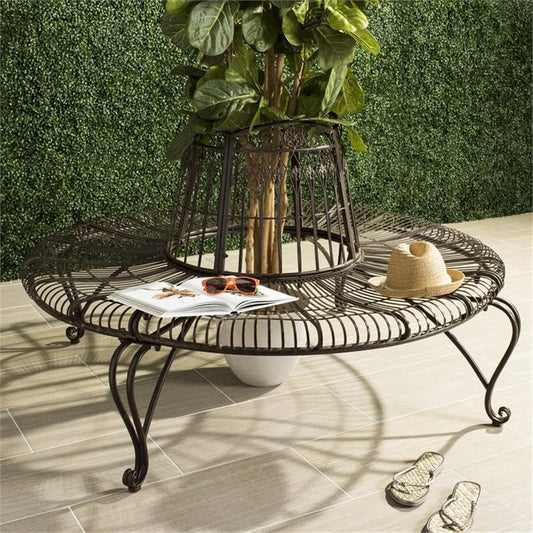 SAFAVIEH PAT5019A Collection Abia Antique White Wrought Iron 50" Outdoor Tree Bench