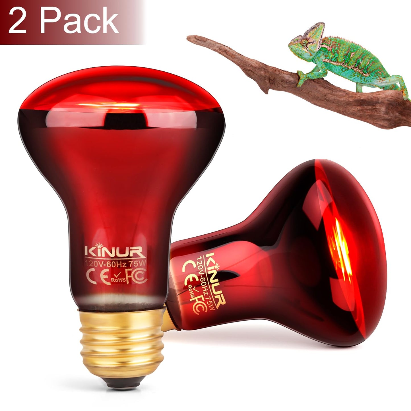 KINUR 75W Reptile Heat Lamp Bulb-Infrared Heat Emitter Red Heat Lamp for Reptile Amphibian, Infrared Basking Spot Light Bulb for Bearded Dragon,Turtle,Lizard,Snake,Gecko,Chick,Red,2 Pack