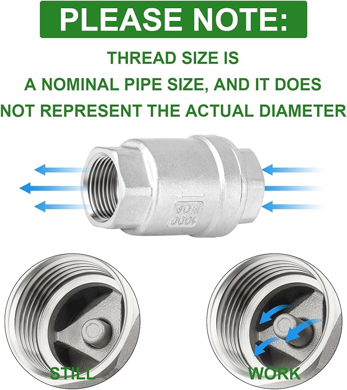 TAISHER 2PCS 304 Stainless Steel 1/2" Female Vertical Check Valve，Backflow Prevention, One Way Spring Check Valves CF8 WOG 1000