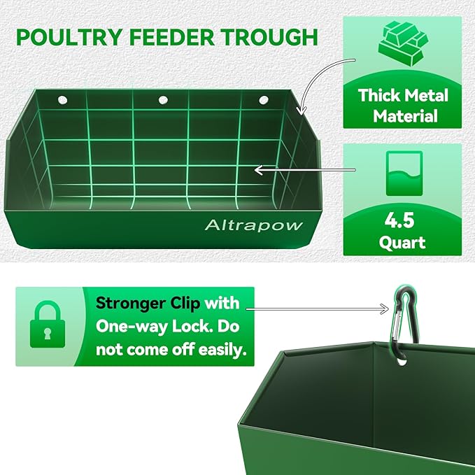 4.5 Quart Hanging Goat Feeder [Material of Metal] with Clips and Nylon Tie Wraps, Fence Feeder [Sturdy and Durable] for Goat, Pig and Dog, Green, 2 Pack