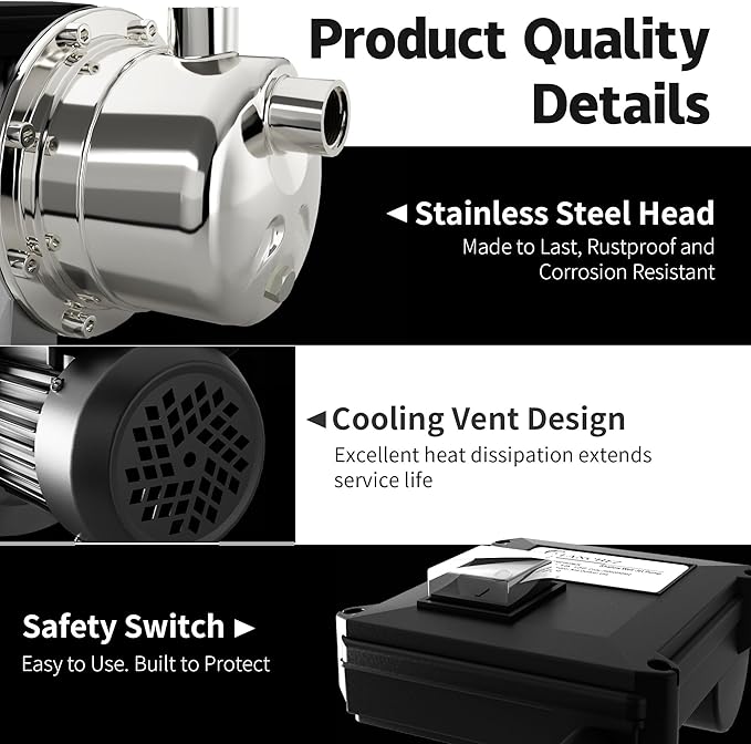 LANCHEZ 1/2 HP Shallow Well Garden Pump, Portable Stainless Steel Water Transfer Draining Irrigation Pump for Lawn Fountain, 960 GPH, 125 Feet Height