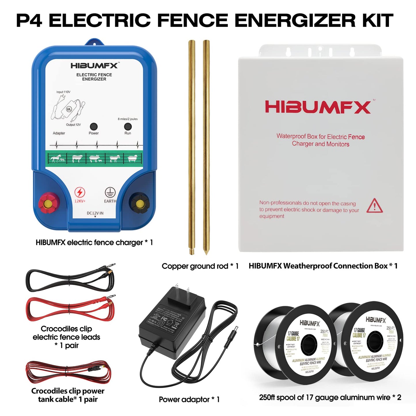 HIBUMFX P4 Plus Electric Fence Energizer Plus Copper Ground Rod and Spool Aluminum Wire for Containing Dogs, Livestock and Preventing Wild Animals Intruding (P4 Plus Electric Fence Energizer Kit)