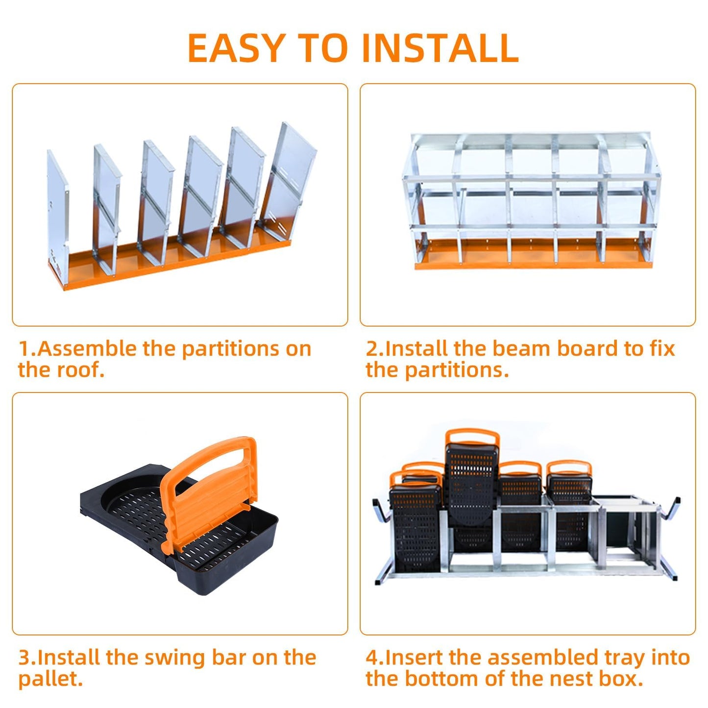 Chicken Nesting Boxes, 10 Hole Metal Chicken Laying Box with with Removable Trays and Roll Out Egg Collection for Chicken Coop, with Metal Bracket, Orange