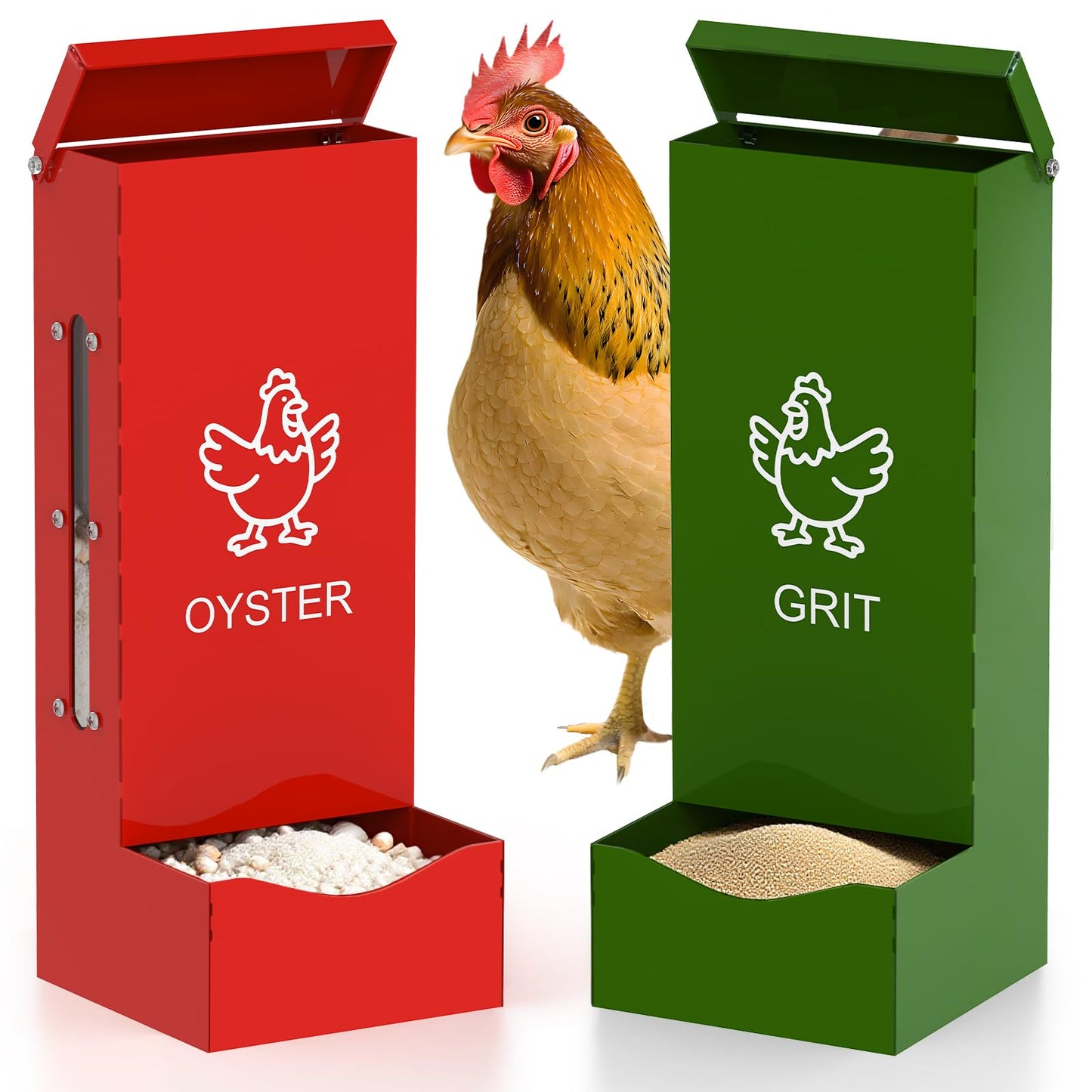 ULENDIS 2 Pack Chicken Oyster Shell Feeder and Grit Feeder, Heavy Duty Metal Automatic Chicken Feeders with Lid, Gravity-Fed Chicks Food Dispenser Hanging Poultry Feeders for Coop Ducks, Pigeons