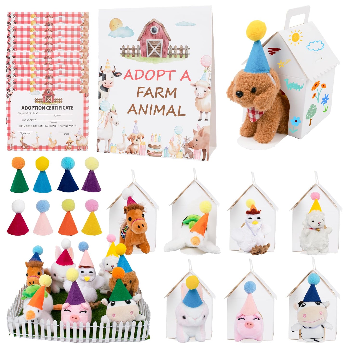 37 Pcs Farm Animal Party Favors Set Mini Stuffed Animals Lawn Foldable White Animal House Fence Birthday Hats Adoption Certificate Card Adopt a Farm Animal Sign Adopt a Pet Party Favors Supplies Gifts