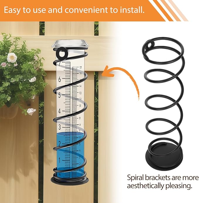 Upgrade Rain Gauge, Detachable Spiral Rain Gauge Outdoor, Rain Measure Gauge for Yard, Large Number Rain Water Meter, Thickened Plastic Rain Gauge with Stake and Metal Frame for Patio,Lawn