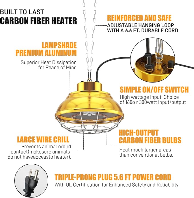 Heat Lamp for Chickens Coop, Chicken Coop Heater Accessories, 300~600 Watt Two-Stage Temperature Heat Lamp for Chicks, Carbon Fiber Heating Element for Chicks, Ducks, Poultry, Pets