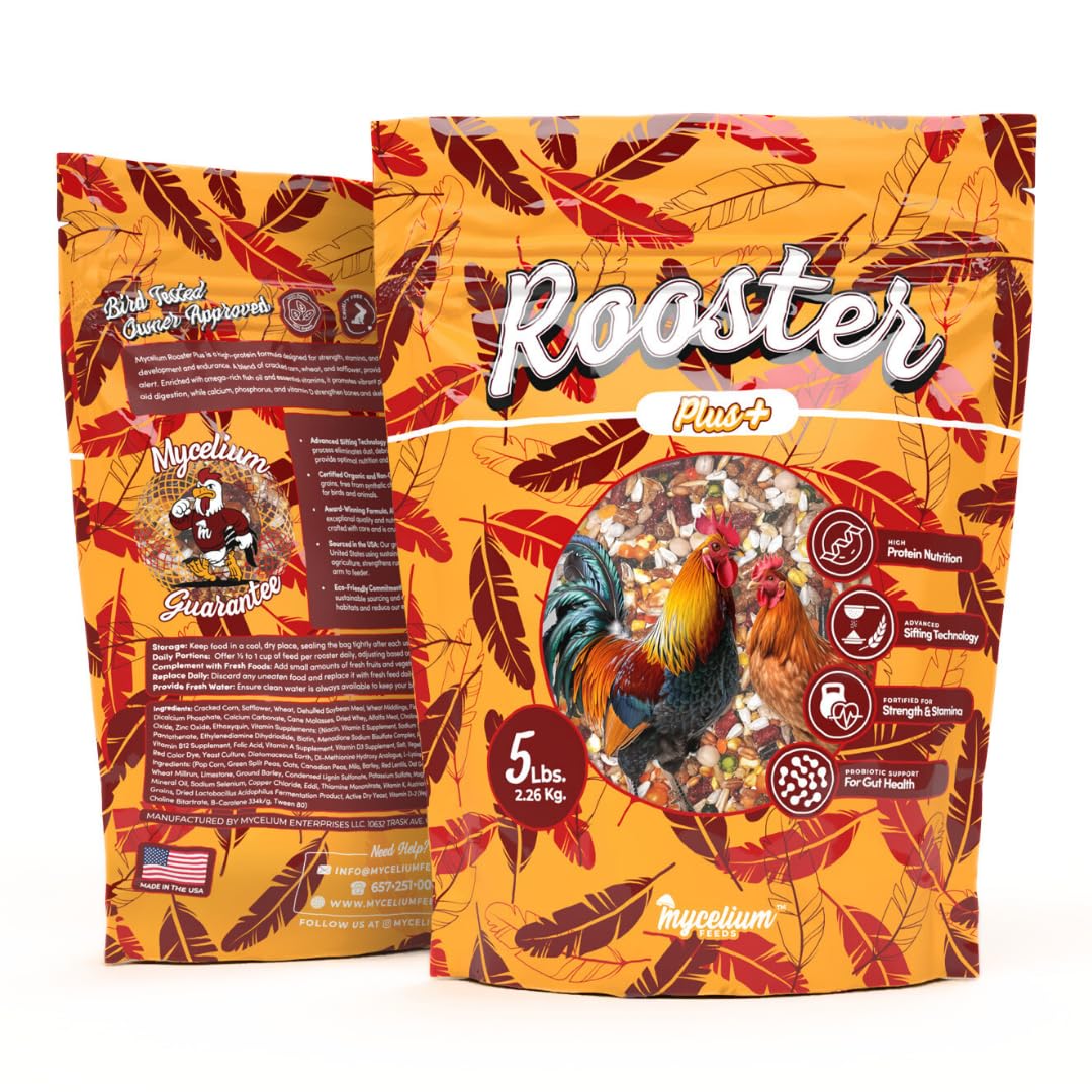 Mycelium Organic Rooster Plus Feed (5 LB Bag) | High-Protein Chicken Feed with Vitamin Support for Strength, Stamina & Gut Health | Natural Poultry Grain Blend with Fish Meal | Non-GMO, Made in USA