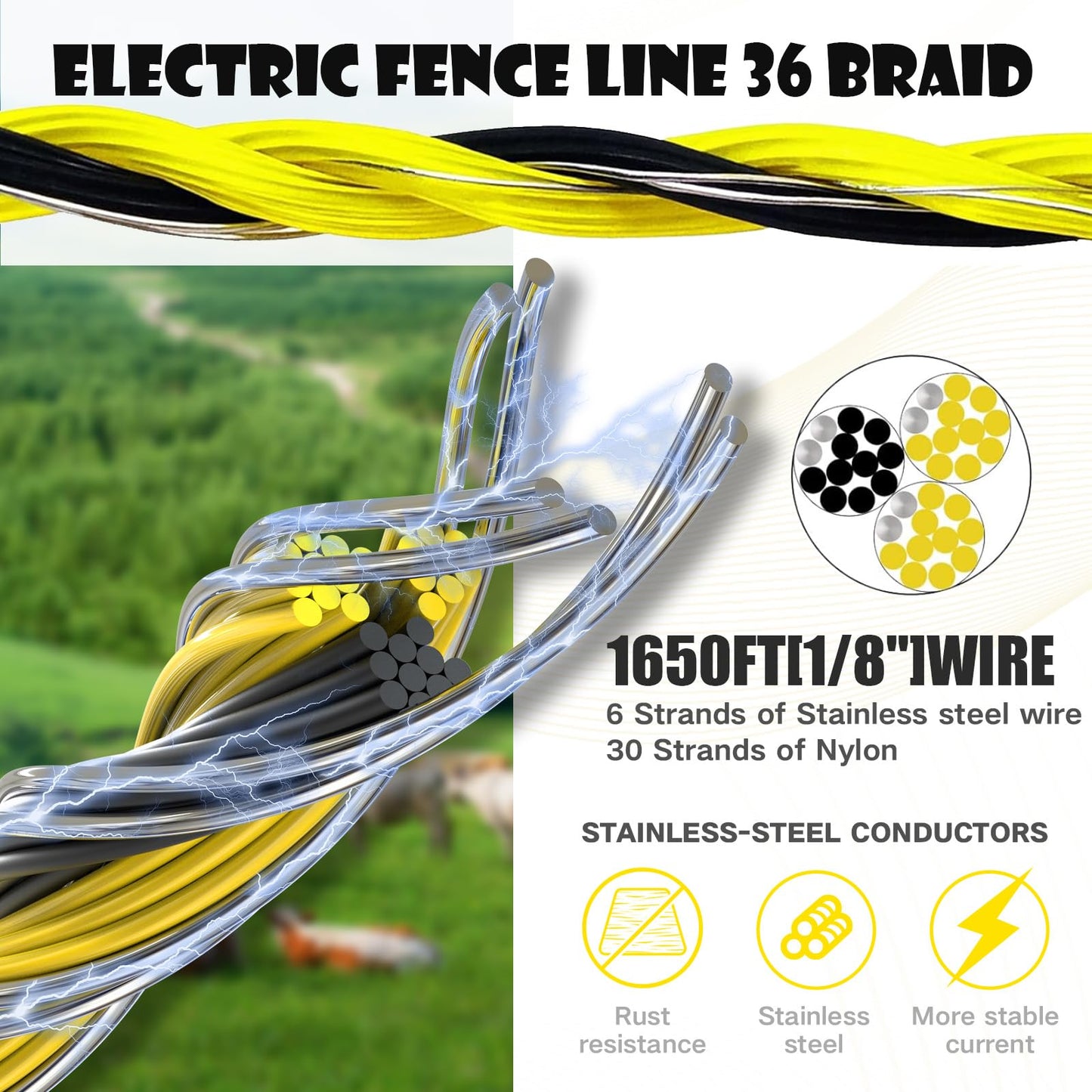 BESTEEL Upgraded Electric Fence Poly Wire 1650 Feet 500 Meters, 1/8" Diameter Portable Electric Fencing Polywires, 6 Stainless Steel Strands for Reliable Conductivity and Rust Resistance UV Resistant