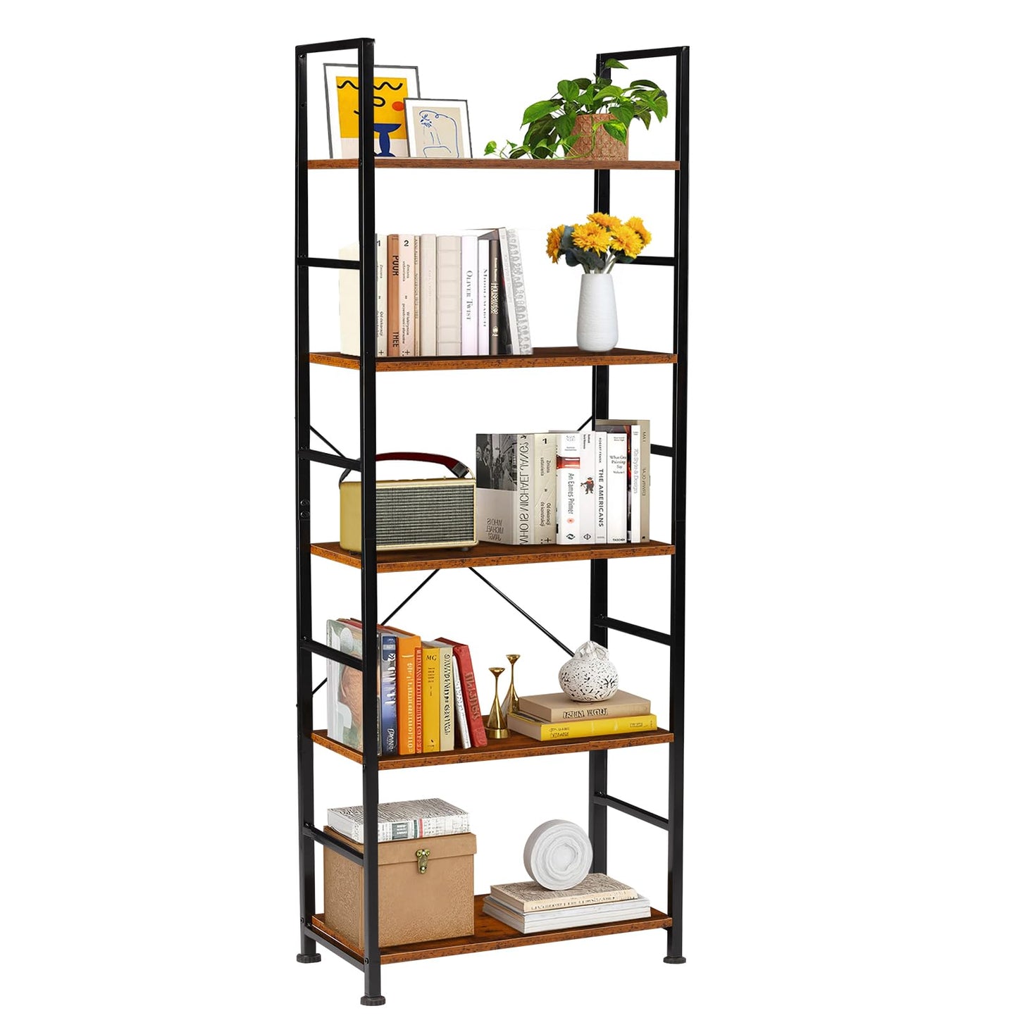 Sweetcrispy 5-Tier Industrial Bookshelf, Rustic Wood and Metal Bookcase with Open Shelves, 62.2-Inch Tall Storage Rack for Living Room, Home Office, Bedroom, Display and Organization, Brown