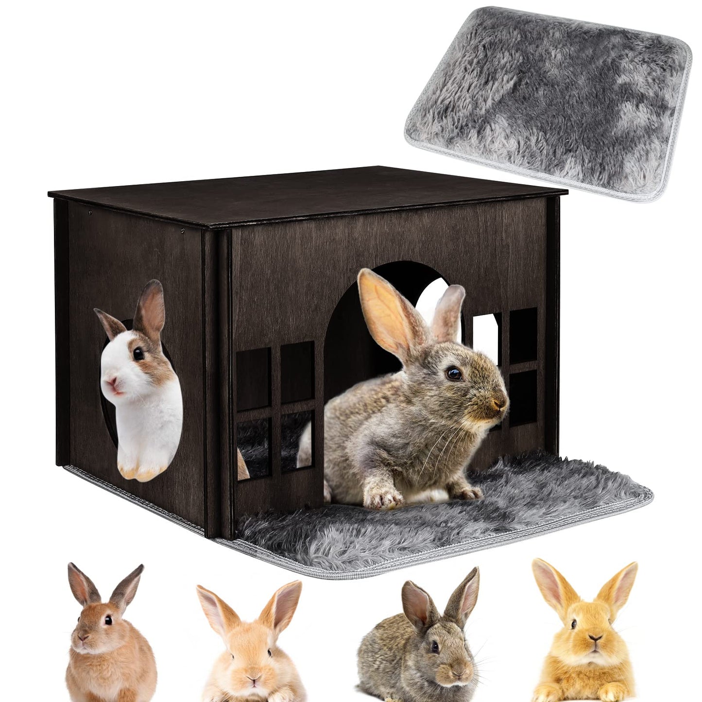 Large Rabbit Hideout, Rabbit Houses and Hideouts, Wooden Bunny House and Hideouts, Bunny Castle with Multiple Windows, Chinchilla and Guinea Pigs Hut Hideout
