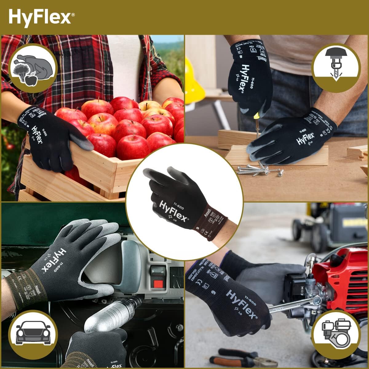 Ansell HYFLEX 11-600 Light Duty Nylon Industrial Gloves w/Palm Coating for Metal Fabrication, Automotive - Small (7), Black (144 Pairs)