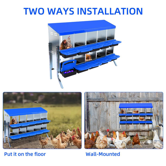 Chicken Nesting Boxes, 10 Hole Metal Chicken Laying Box with with Removable Trays and Roll Out Egg Collection for Chicken Coop, with Metal Bracket, Blue