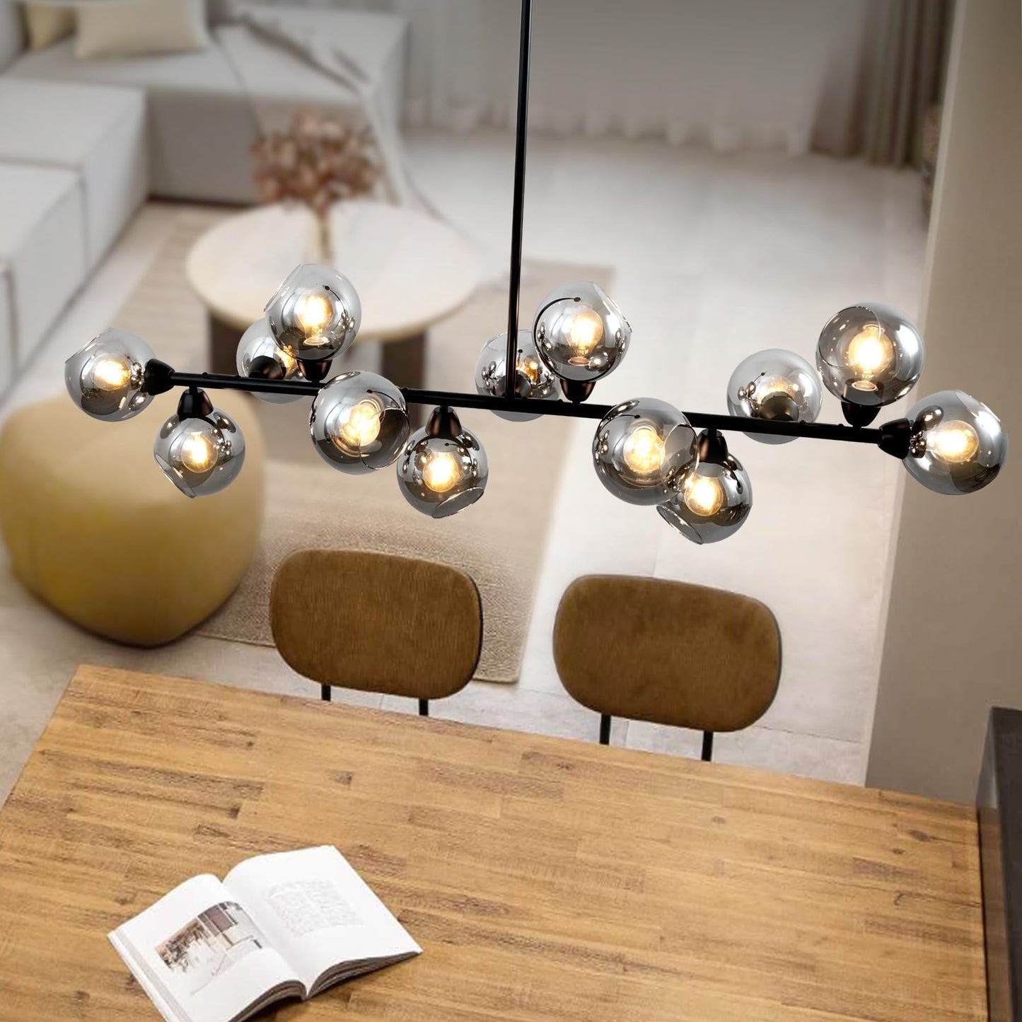 Lzawvm Dining Room Linear Chandelier 13 Lights Sputnik Chandelier Black Kitchen Island Smoky Gray Glass Globe Pendant Light for Living Room Farmhouse Sloped Ceiling, Dia 59 Inch