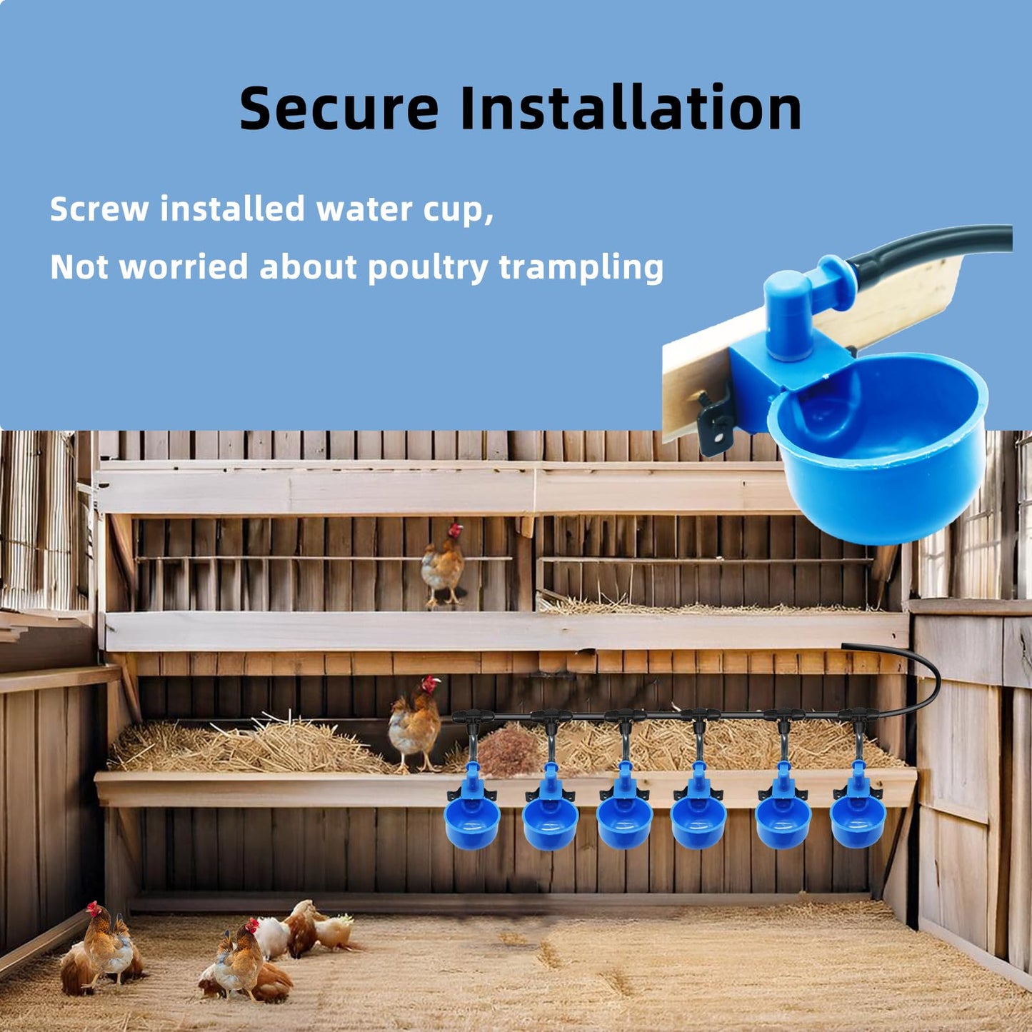 Automatic Chicken Waterer – Float Controlled 6 pcs Chicken Water Cups with Hose Fitting, No-Spill Chickens Watering System,Quick-Connect Poultry Water Dispenser.