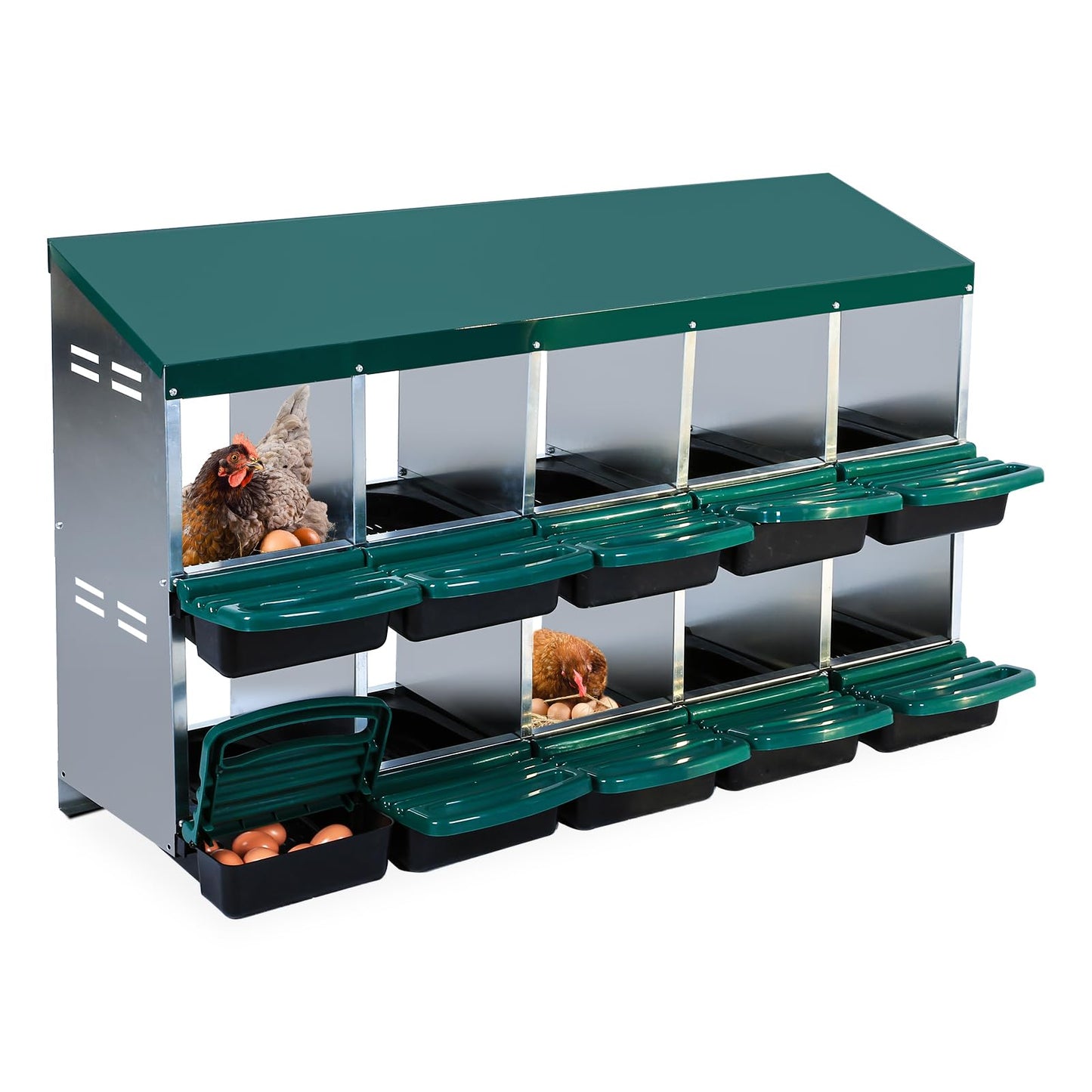 Chicken Nesting Box, 10 Compartments Chicken Nesting Boxes for Laying Eggs, Nesting Boxes for Chicken with Egg Collection for Chicken Coop, Green