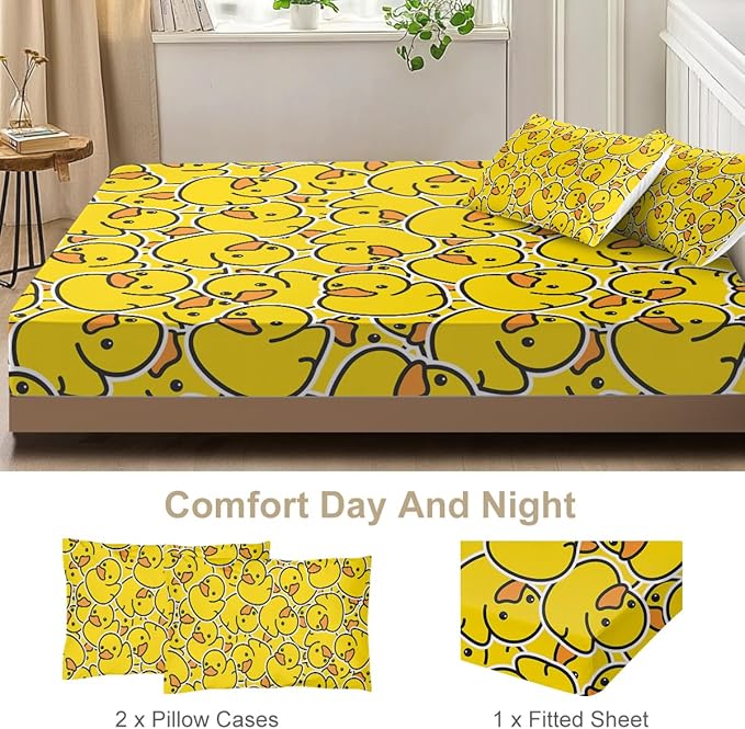 Yellow Rubber Duck Fitted Bed Sheet Set Kids Soft Microfiber Breathable Bedding All-Round Elastic Pocket 3 Pieces Fitted Sheet Set for Boys and Girls (King)