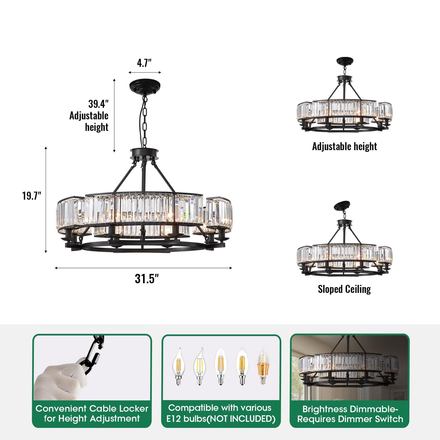 WECHAET Modern Black Farmhouse Chandeliers for Dining Room Light Fixture, 6-Light Adjustable Round Crystal Chandeliers for Living Room Kitchen Island Foyer Entryway, D31.5