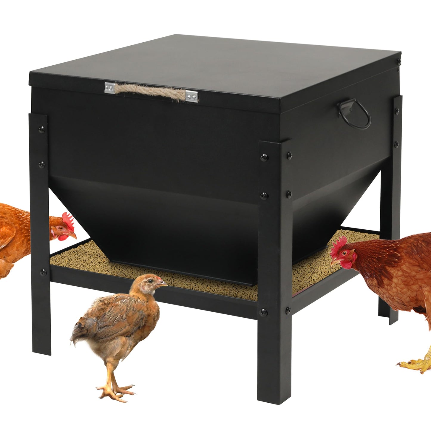 Solution4Patio All Metal Chicken Feeding Box 80 lbs Large Capacity Portable, Waterproof Lid, Hens and Roosters, No Waste Coop Poultry, Galvanized Steel Feeder Standing for Chickens
