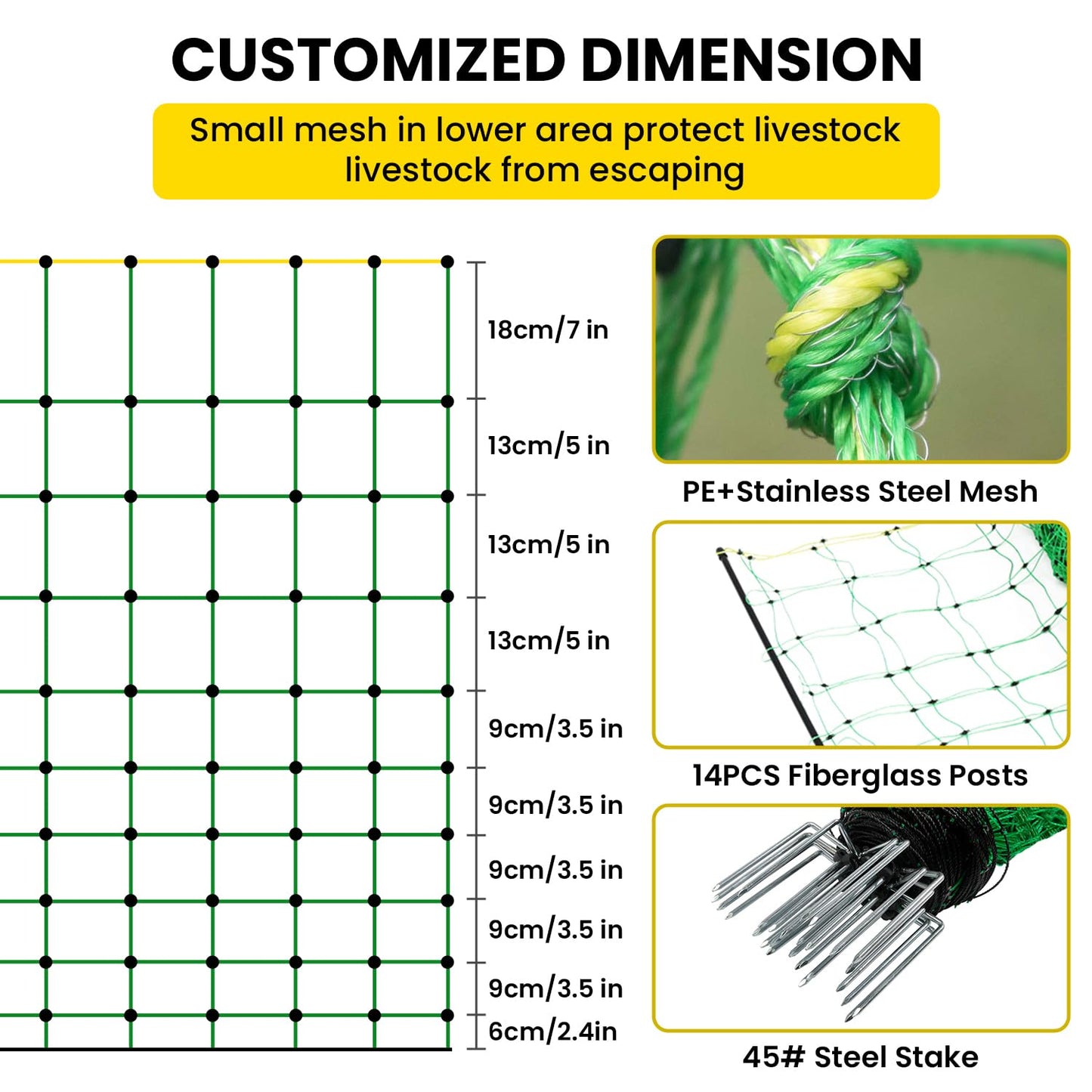 Electric Fence Netting, 42.6" H x 164'L Electric Anti-Predator Poultry Fence, PE Net Fencing Kit with 14 Posts Double Spiked, Movable Livestock Nets for Sheep, Hogs, Cattle and Other Poultry