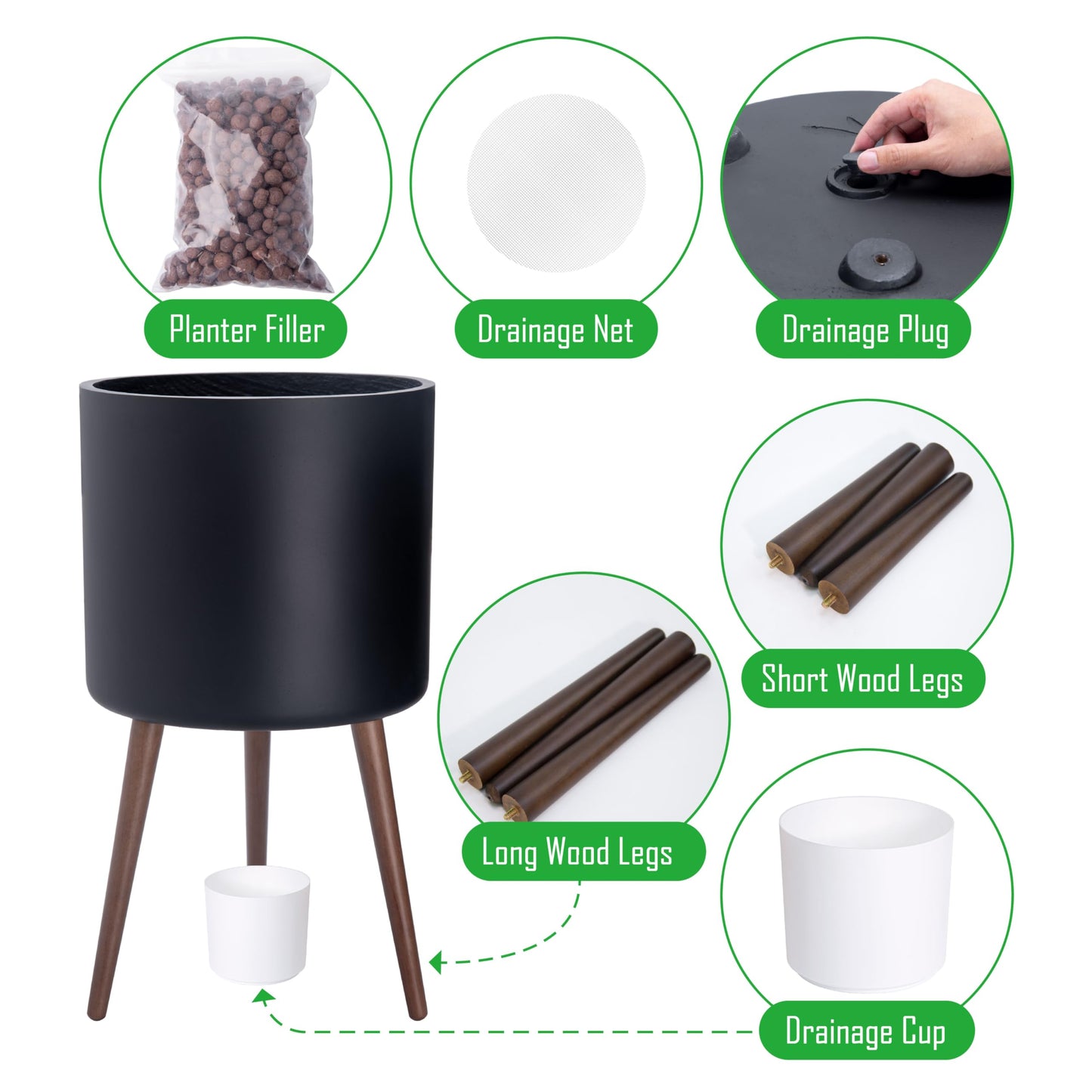 D'vine Dev 16 Inch Planter Pot with Stand, Mid-Century Tall Plant Pot with Legs for Indoor Plants, XX-Large, Black, 88-O-E-2