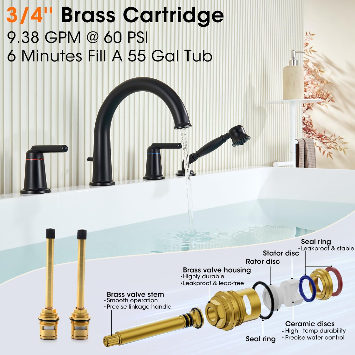 Wintap Bathtub Faucet Trim Kit with Hand Shower and Rough-in Valve Deck Mount 4 Hole High Flow Classic High Arch Tub Faucets Black, WT-9808BK