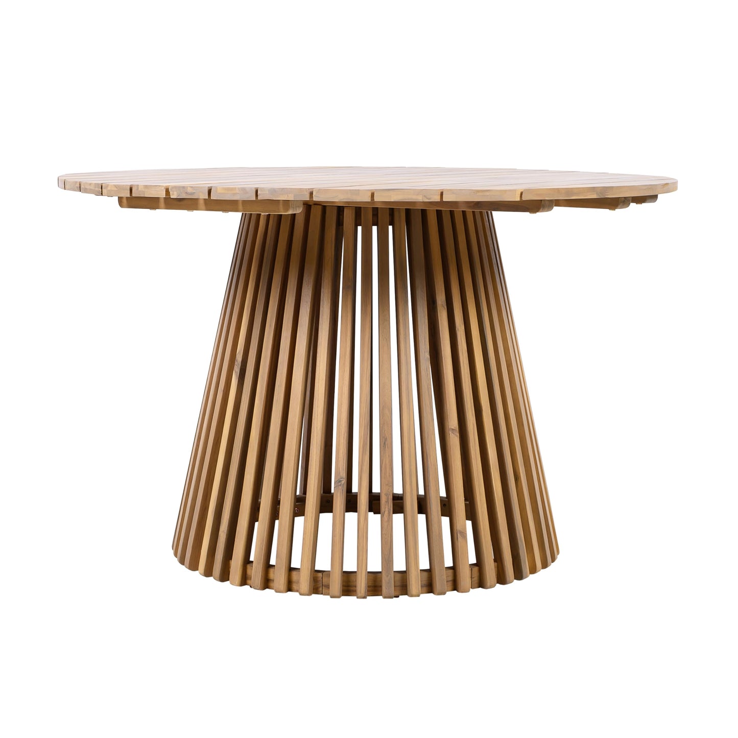 Christopher Knight Home Briar Farmhouse Acacia Wood Round Dining Table, Patio Dining Room Table with Unique Wooden Base for Backyard/Garden, Slatted Design Outdoor Dining Table, Light Teak