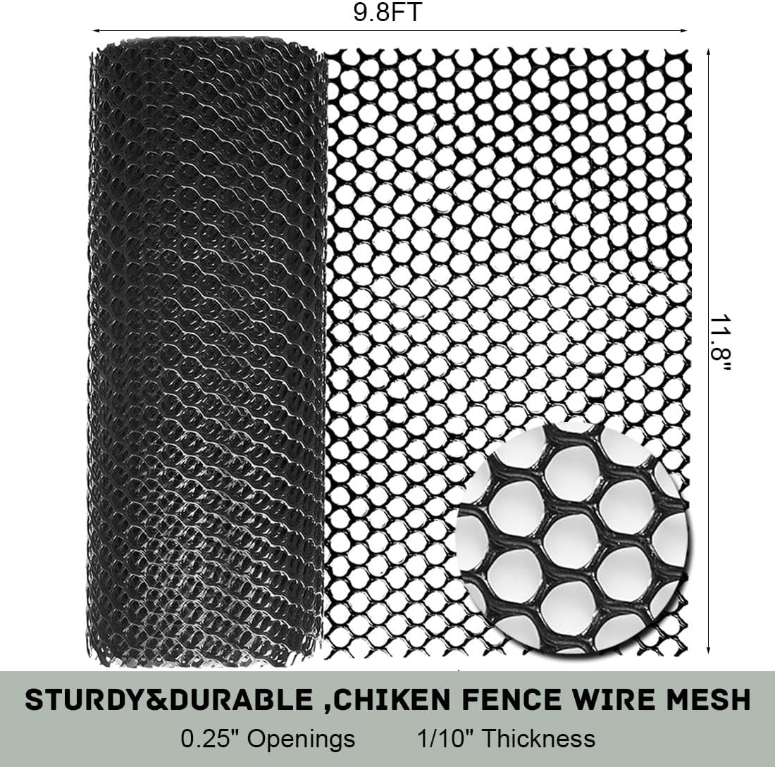 Plastic Chicken Wire Fencing 12'' x 10ft Black Chicken Wire Mesh Fence Poultry Netting for Crafts, Plastic Garden Fencing, Floral Chicken Wire
