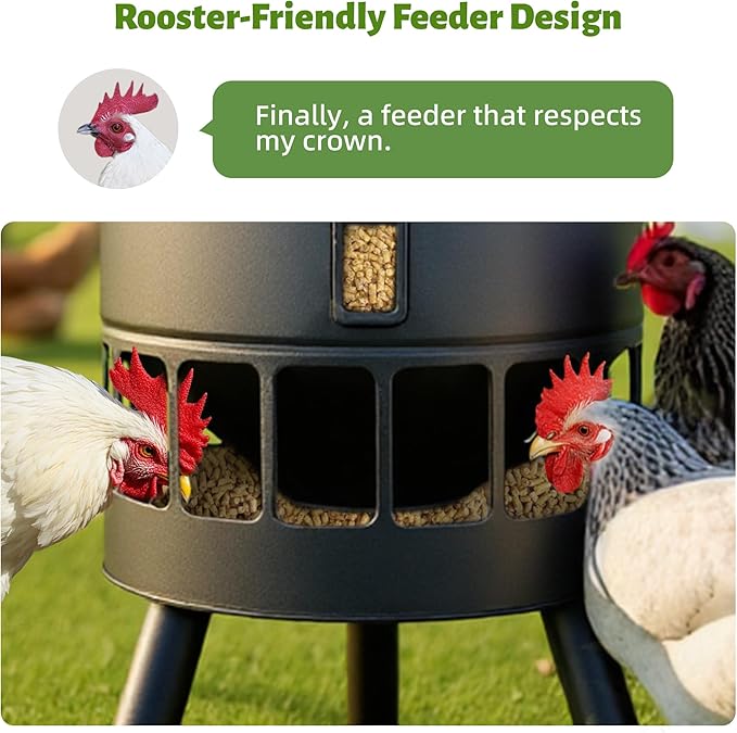 KOL Metal Chicken Feeder No Waste - 50lbs Poultry Feeder with 16 Ports, Powder Coated Rust-Proof Design & Smooth Edges for Safe Feeding (Black)