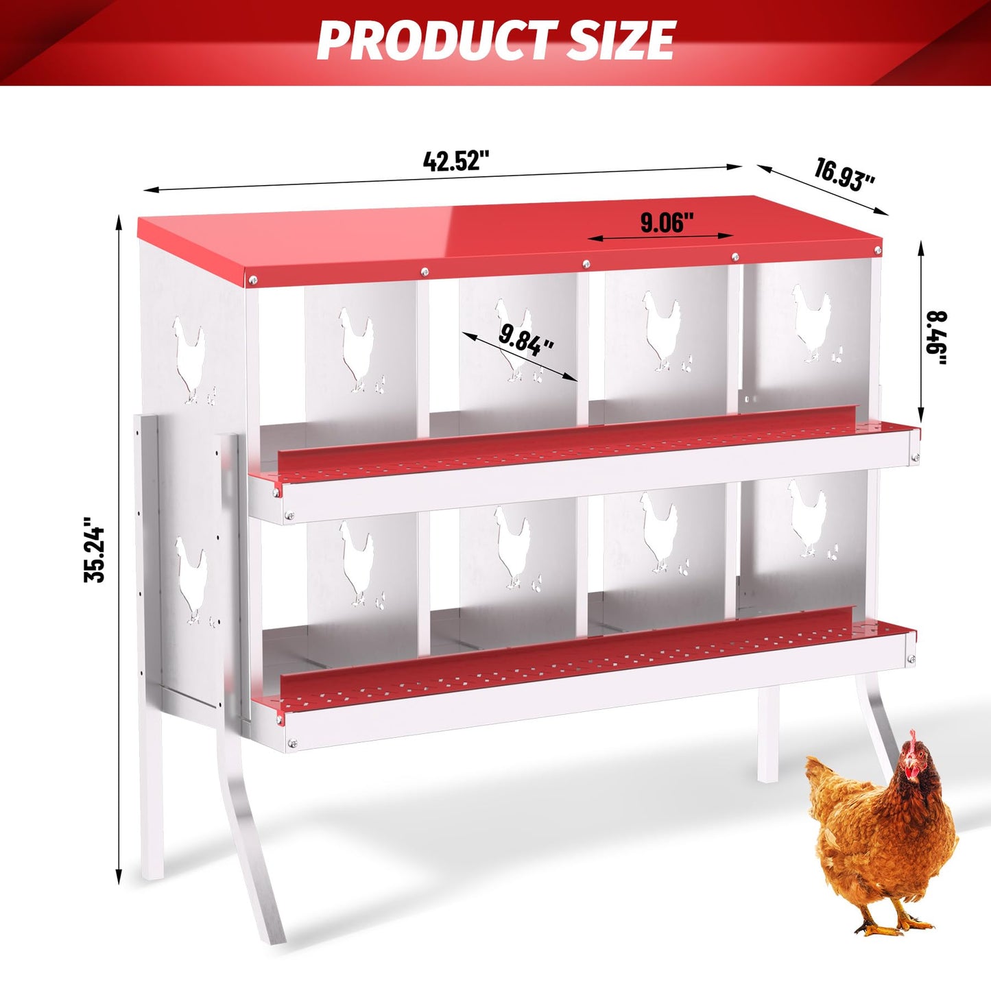 Chicken Nesting Box, 8 Hole Chicken Nesting Box with Legs, Metal Chickens Laying Boxes with Perch, Metal Roll Away Eggs Laying Boxes, Versatile Wall Mount or Free Standing for Chickens