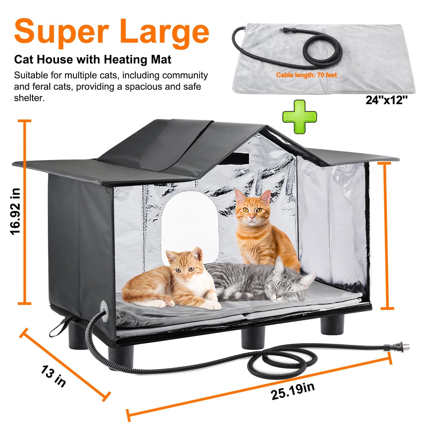 Texsens Heated Cat Shelter for Outside - Weatherproof Large Outdoor Cat House with Roof Window & Cozy Cushion - Ideal for Stray/Feral Cats