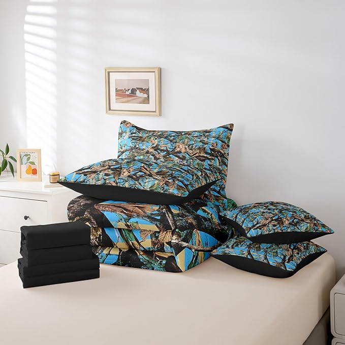 Feelyou Tree Branches 7 Pieces Bedding Set, for Kids Wild Hunting Leaf Bed Set Twin Size Botanical Tree Bed in a Bag with Comforter, Sheets, Pillowcases Bedroom Decor Nature Theme Blue Brown