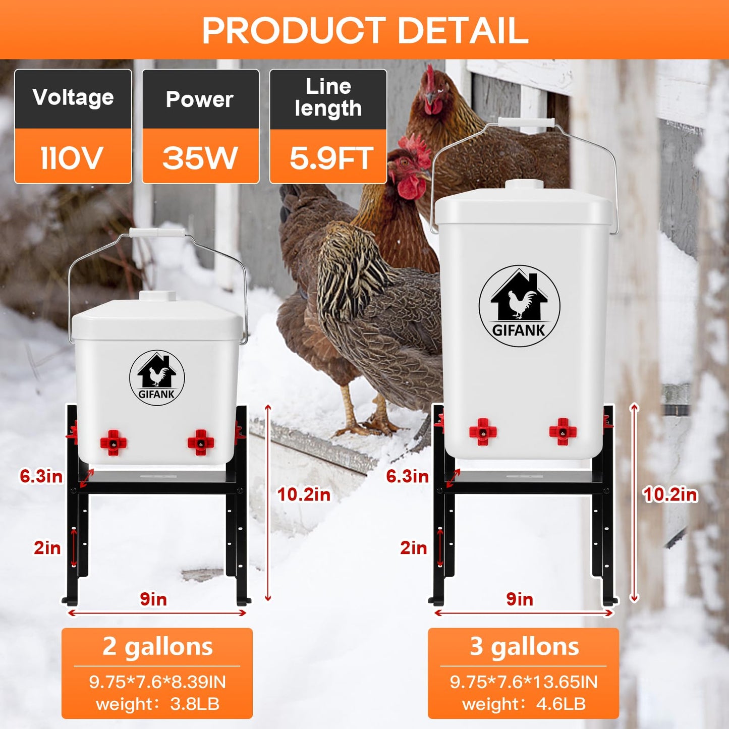 3 Gallon Heated Chicken Waterer for Winter Automatic Heated Chicken Waterer Adsjustable Height Poultry Drinker Heater Anti-Freezing Watering System for Chicken Coop Accessories