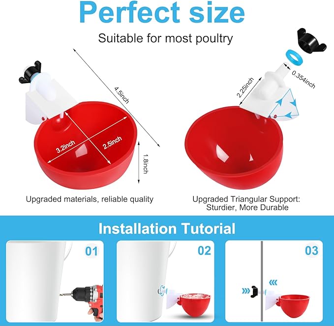 10PCS Chicken Waterer Cups, 3rd Generation DIY Large Automatic Chicken Water Feeder Cup, Tee Fittings Poultry Waterer, Suitable for Chicks, Turkeys, Ducks, Goose, Small Pets with Mounting Hole Opener