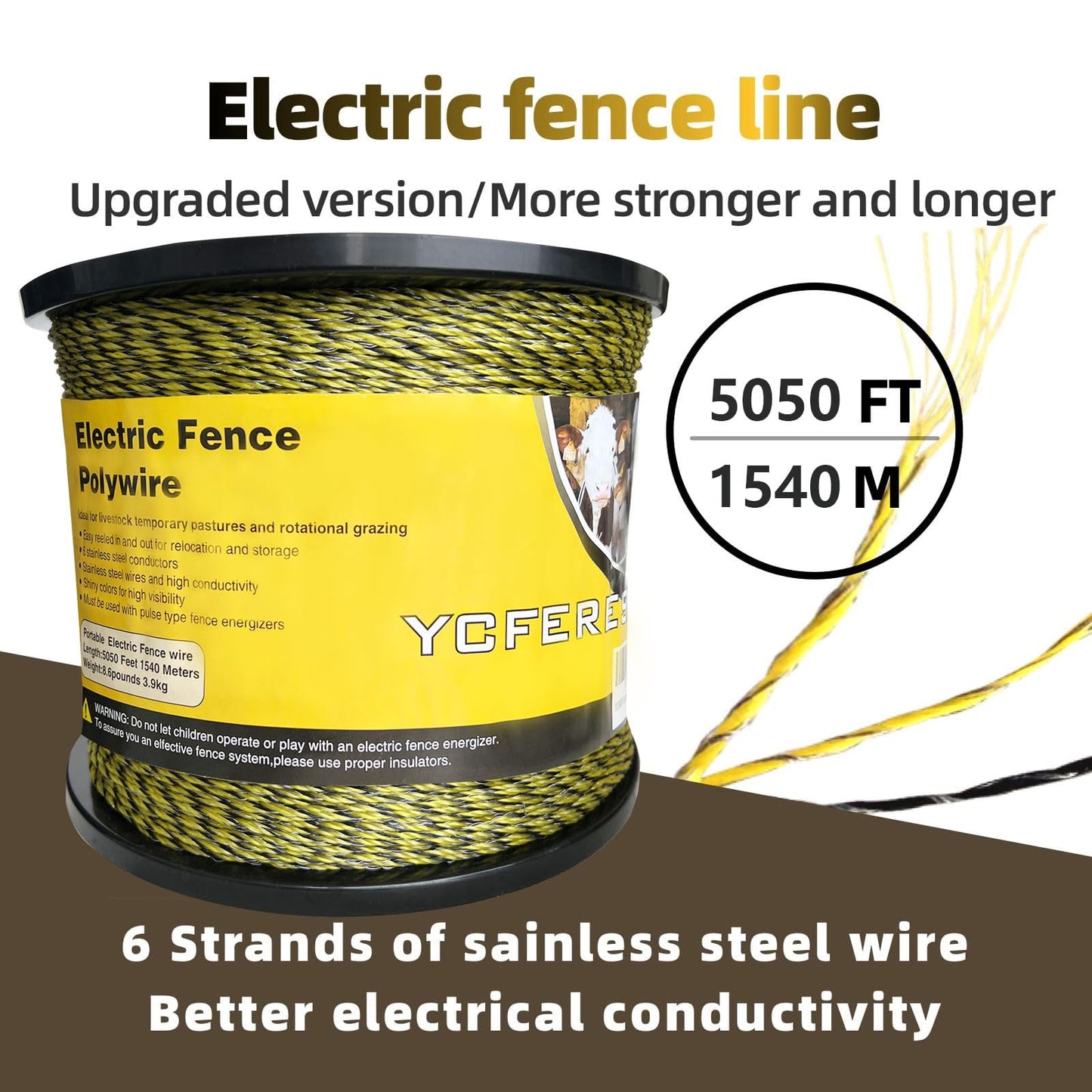 YCFERESY Upgraded Electric Fence Polywire 5050 Feet 1540 Meters, 6 Stainless Steel Strands for Reliable Conductivity and Rust Resistance, Portable Electric Fencing,UV, Rust Resistant