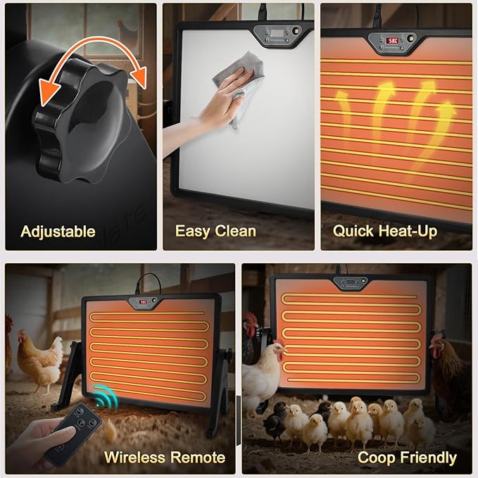 Chicken Brooder Heater with Stand, 180W Chicken Coop Heater with Temperature Control Display and Remote Control, Heat Plater for Chicks Young Poultry, Black Frame