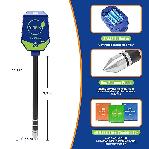 YINMIK pH Moisture Meter Smart Soil Test Kit Garden pH Meter Hygrometer pH Conductivity Meter for Hydroponic 8 in 1 Farm pH Moisture pH Moisture EC Fertility Salt Sunlight Air Humidity Temp Tester