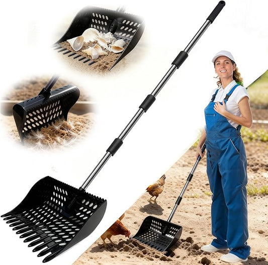 Chicken Poop Scooper & Rake 4-in-1, 9" Sifting Plate with Adjustable Stainless Steel Handle (35.4"-63") - Chicken Coop Scoop for Chicken Coops, Sand & Animal Litter (Single Unit, Black)