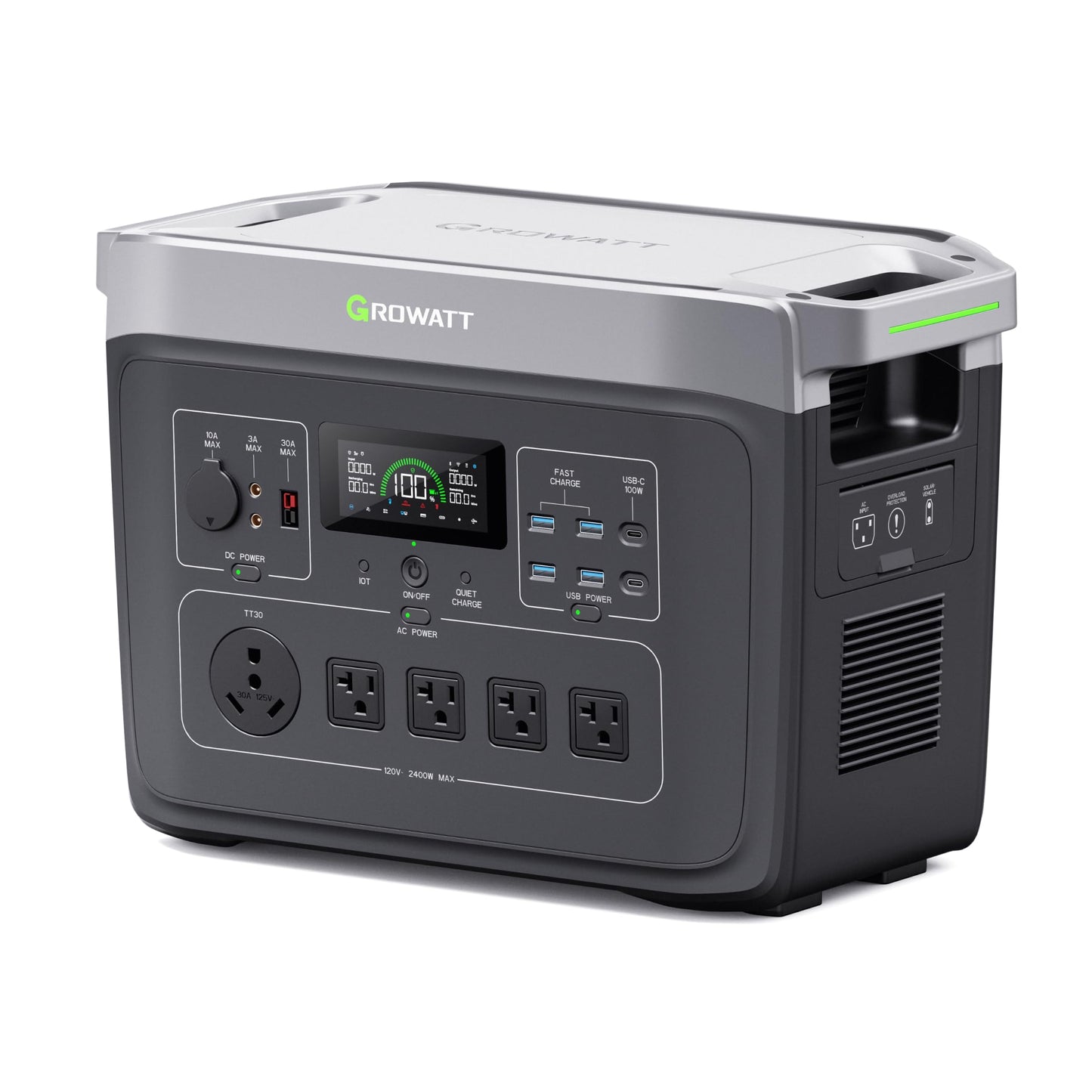 GROWATT Portable Power Station ，INFINITY 2000 Black Electric Solar Generator，2048Wh LifePO4 Battery,2400W AC Output for Home Use, Outdoor Camping, RVs and Emergency Backup(Solar Panel Optional)