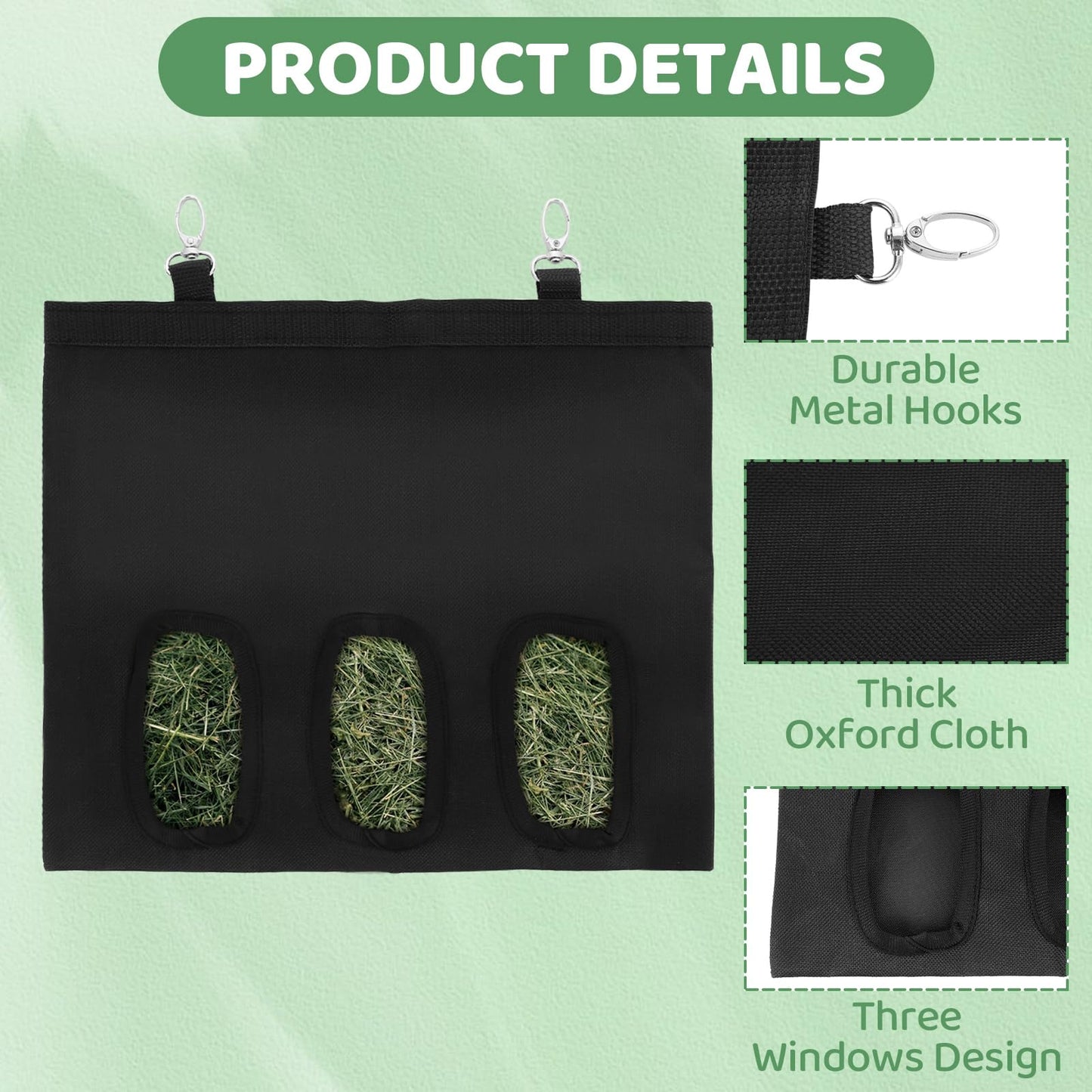 LDXDRU 4Pcs Rabbit Hay Feeder Bag, 3 Hole Hay Bag for Rabbits, Guinea Pig Hay Feeder, Small Animal Hanging Hay Bag for Rabbits Bunny Chinchillas Hamsters and Other Small Pets (Black)