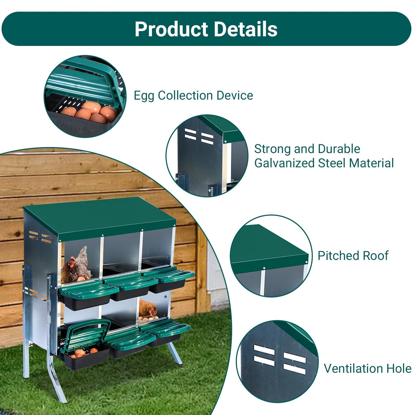 GarveeLife Nesting Boxes for Chickens, 6 Holes Chicken Nesting Boxes with Legs, Chicken Laying Box with Lid Cover, for Outdoor Chicken Coop Farm Yard, Green