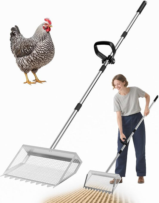Chicken Poop Scooper & Rake - 2-in-1 Metal Chicken Coop Scoop for Sand with 22 to 62" Adjustable Handle, Litter Sifting Shovel Cleaning Tools for Chicken Run, Animal Farm, Duck Coop, Silver