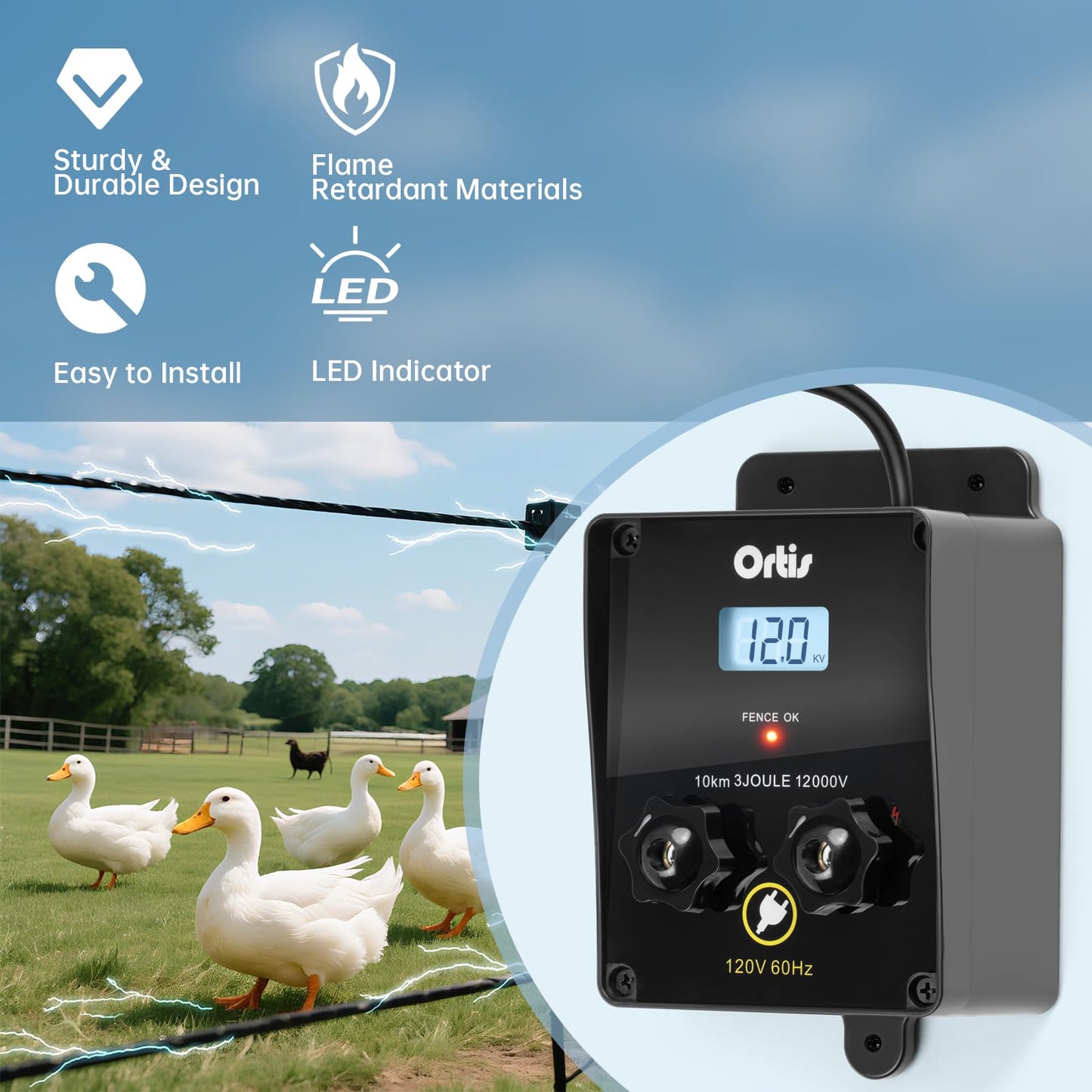 Electric Fence Energizer with LCD Display, Ortis 12,000V 3 Joules Electric Fence Charger, 6.2 Mile Range, Safe & Effective Animal Control for Livestock, Garden & Pasture Protection
