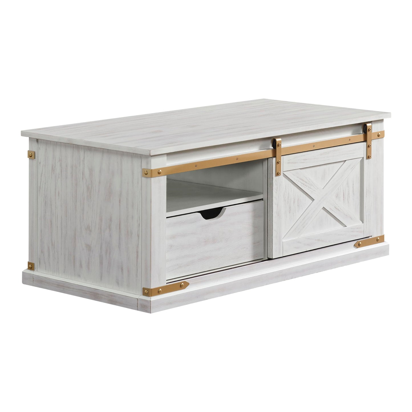 Furniture of America Canya Solid Wood Rectangle Coffee Table with Barnyard Design, Open Shelves and Pull Out Drawer, Home Décor for Living Room, Lounge Area, Office, Antique White
