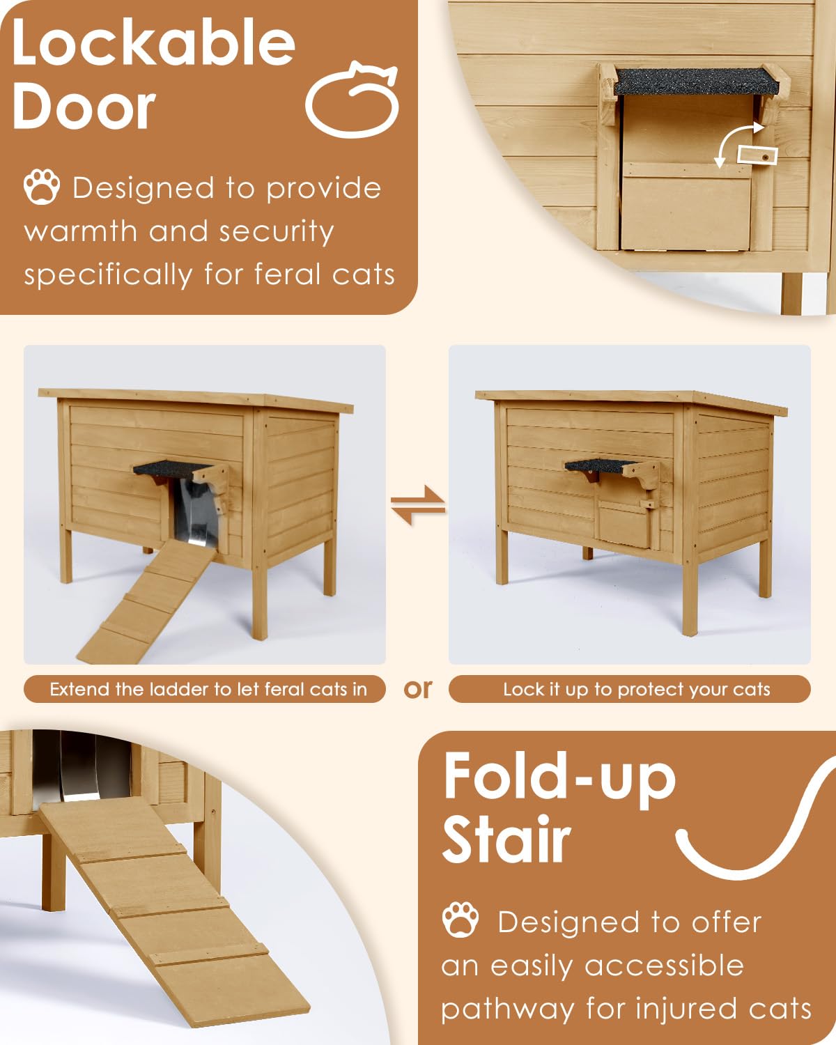 Ivy&Lane Outdoor-Cat-House | Insulated-Feral-Cat-Shelter | Weatherproof | for Winter | Foam & Wood | Large | for Multiple Cats | Fold-up Stair | Acrylic Window | Brown