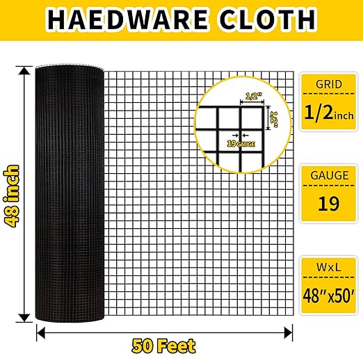Hardware Cloth, 1/2 inch 48" x 50' Galvanized Chicken Wire Fence, 19 Gauge Vinyl Coated Wire Mesh Roll, Black Welded Wire Fencing Roll Gopher Wire Mesh Roll for Garden Fencing Rabbit Snake Wire